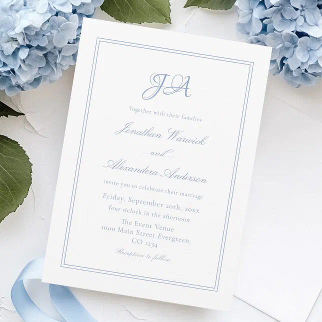 Elegant White and Dusty Blue Wedding Invitation | Zazzle