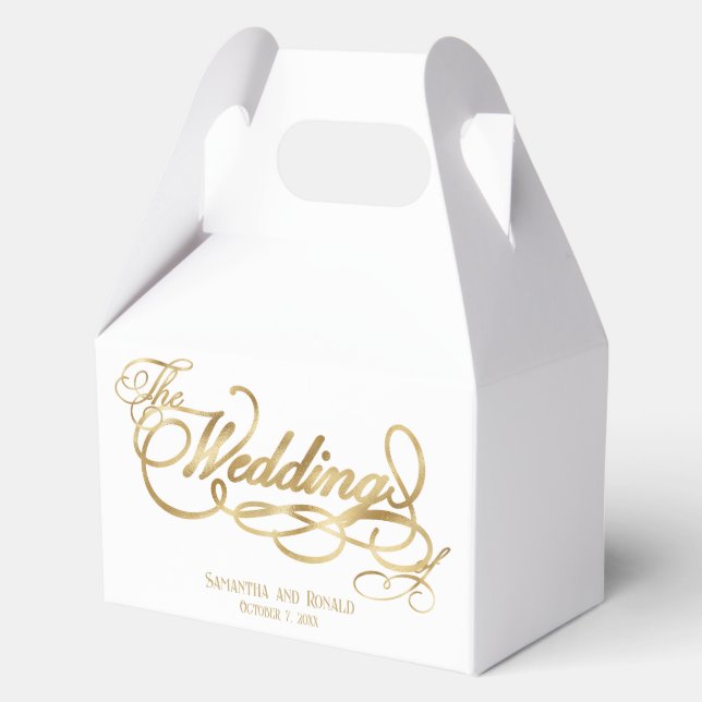 Elegant White and Faux Gold Calligraphy Wedding Favor Boxes (Front)