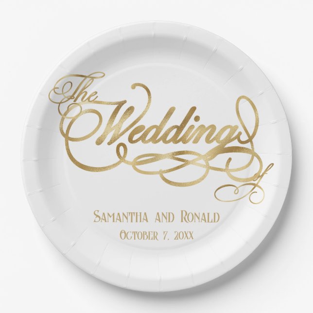 Elegant White and Faux Gold Calligraphy Wedding Paper Plates (Front)