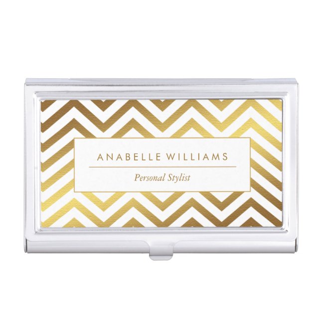 Elegant White and Faux Gold Foil Chevrons Business Card Holder (Front)