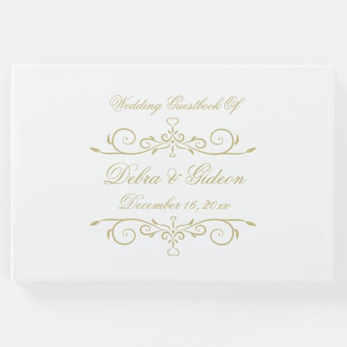 Elegant White and Faux Gold Heart Flourish Wedding Guest Book