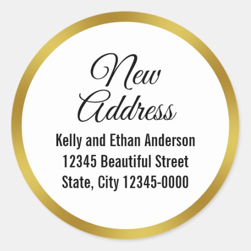 Elegant White and Faux Gold New Address Classic Round Sticker