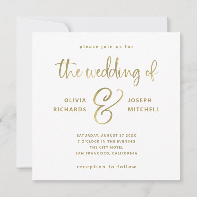 Elegant White and Faux Gold Wedding Invitation (Front)