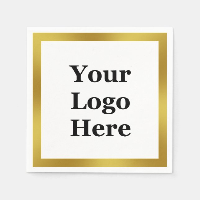 Elegant White and Faux Gold Your Logo Here Napkins (Front)