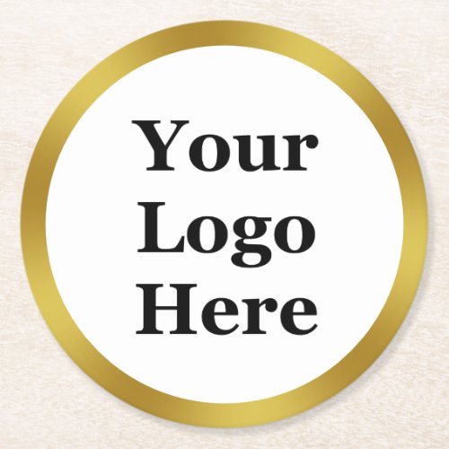 Elegant White and Faux Gold Your Logo Here Round Paper Coaster