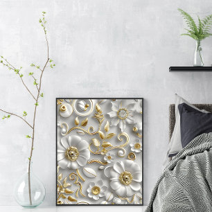 Elegant White and Gold 3D Floral Wall Art