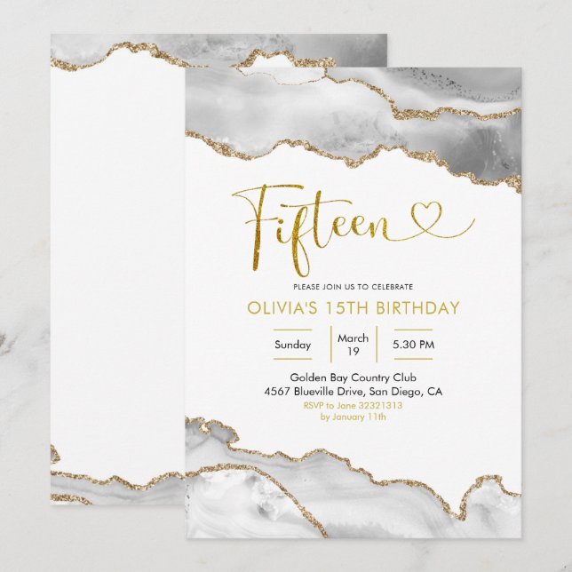 Elegant White and Gold Agate Fifteen Birthday Invitation (Front/Back)