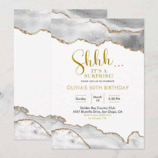 Elegant White and Gold Agate Surprise Birthday Invitation (Front/Back)