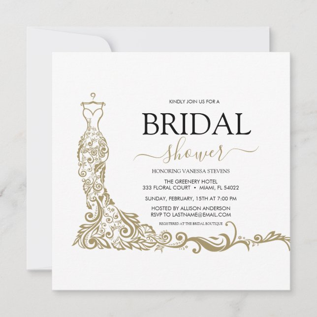 Elegant White and Gold Blush Gown Bridal Shower Save The Date (Front)