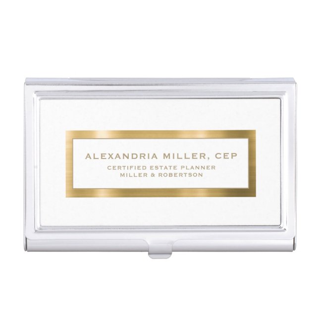 Elegant White and Gold Business Card Case (Front)