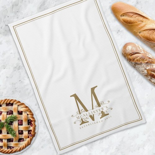 Elegant White and Gold Classy Family Monogram Kitchen Towel