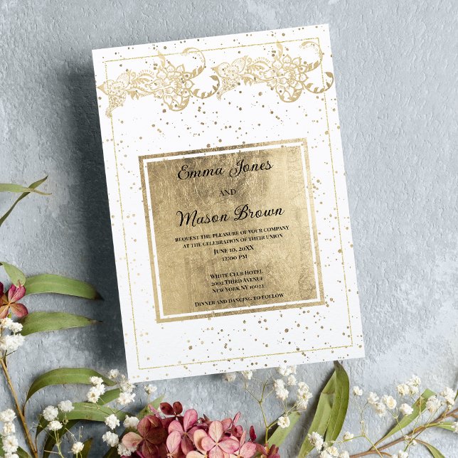 Elegant white and gold confetti floral Wedding Invitation (Elegant white and gold confetti floral Wedding )