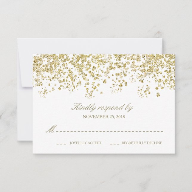 Elegant White and Gold Confetti Polka-Dots RSVP Card (Front)