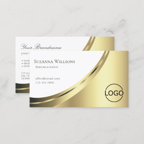Elegant White and Gold Decor with Logo Luxurious Business Card