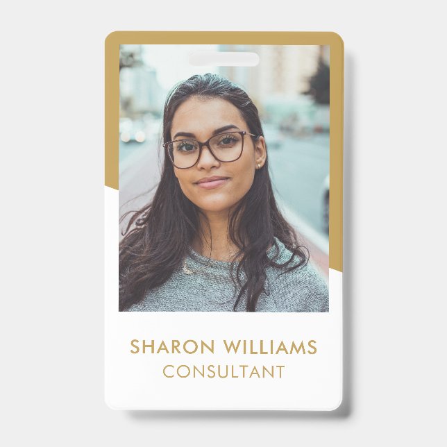 Elegant White and Gold Employee Photo Company Logo Badge (Front)
