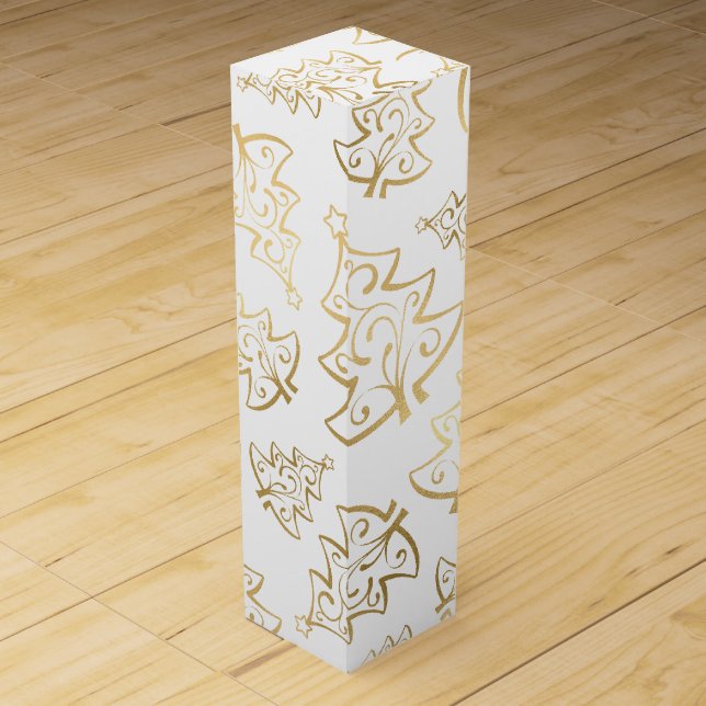 Elegant White and Gold Faux Foil Christmas Tree Wine Box (Front)