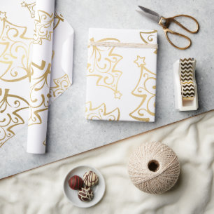 Elegant White and Gold Faux Foil Christmas Tree Wrapping Paper