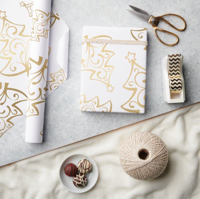 Elegant White and Gold Faux Foil Christmas Tree Wrapping Paper (Crafts)