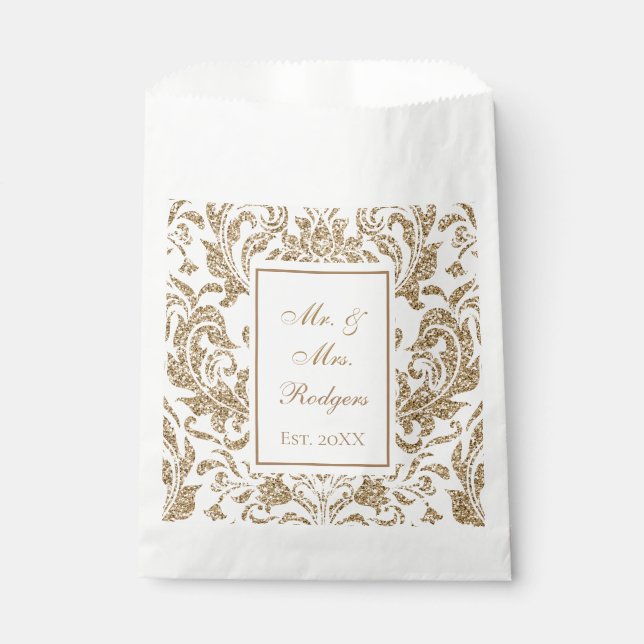 Elegant White and Gold Faux Glitter Wedding Favor Bag (Front)
