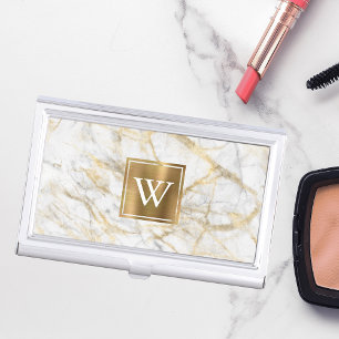 Elegant White and Gold Faux Marble Monogram Business Card Case