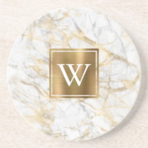Elegant White and Gold Faux Marble Monogram Coaster