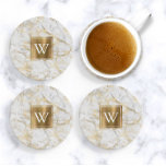 Elegant White and Gold Faux Marble Monogram Coaster<br><div class="desc">This elegant design features a white marble texture background with gold veins. Personalize it with a matching white monogram initial on a faux gold brushed metal square.</div>