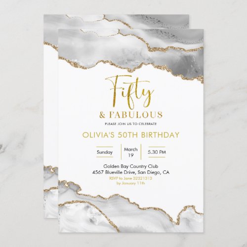 Elegant White and Gold Fifty and Fabulous Invitation