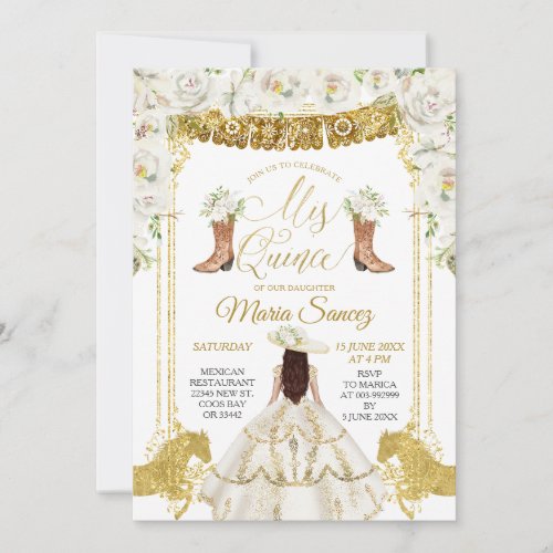 Elegant White and Gold Floral Charra Mis Quince In Invitation