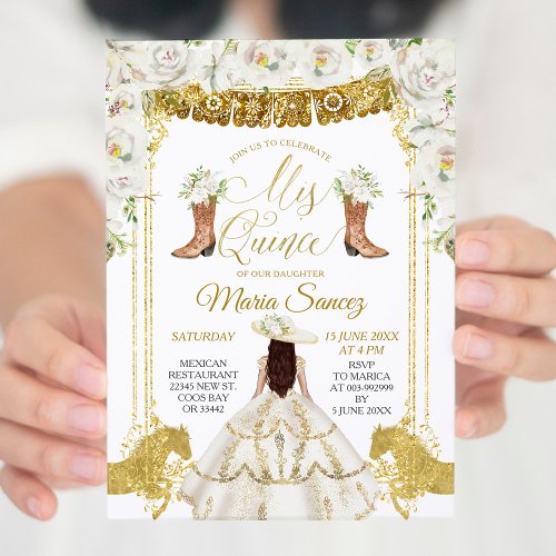 Elegant White and Gold Floral Charra Mis Quince In Invitation