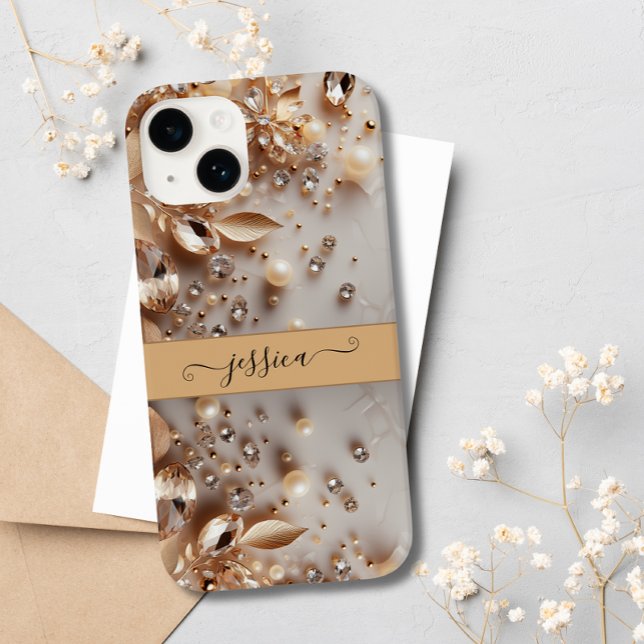 Elegant White and Gold Floral Glitter Gemstones Case-Mate iPhone Case (Creator Uploaded)
