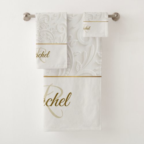 Elegant White and Gold Floral Name Monogram Bath Towel Set