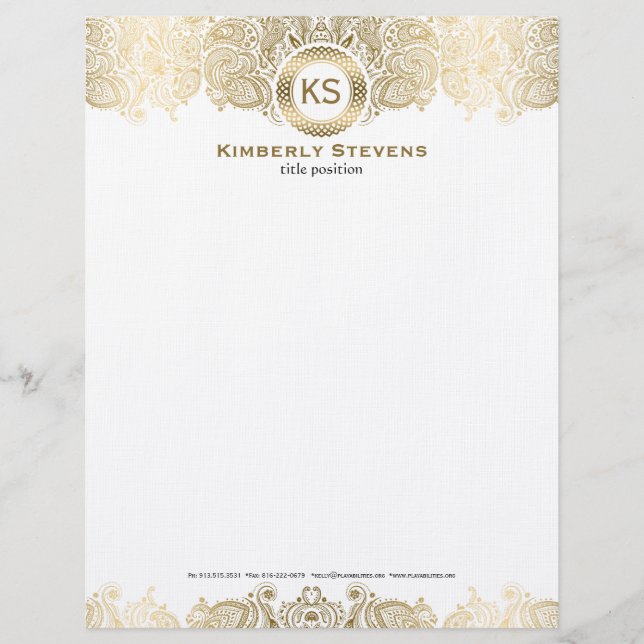 Elegant White And Gold Floral Paisley 2 Letterhead (Front)