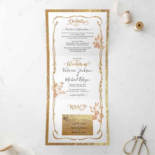 Elegant white and gold Floral Wedding Tri_Fol Tri_Fold Invitation