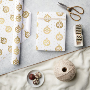 Elegant White and Gold Foil Christmas Baubles Wrapping Paper