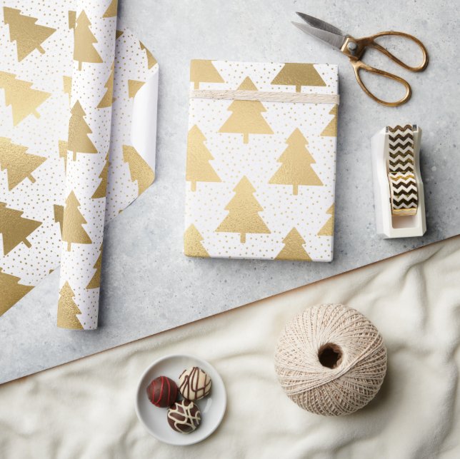 Elegant White and Gold Foil Christmas Tree Pattern Wrapping Paper (Crafts)