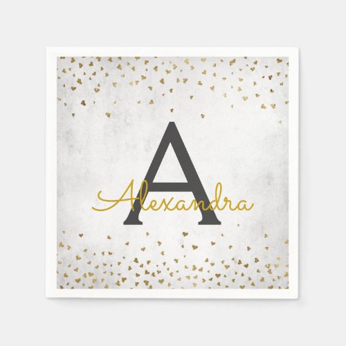 Elegant White and Gold Foil Confetti Monogram Napkins