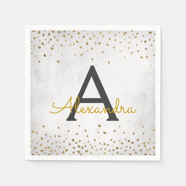 Elegant White and Gold Foil Confetti Monogram Napkins (Front)