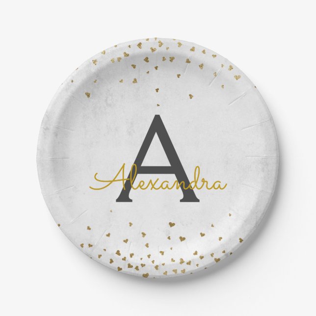 Elegant White and Gold Foil Confetti Monogram Paper Plates (Front)