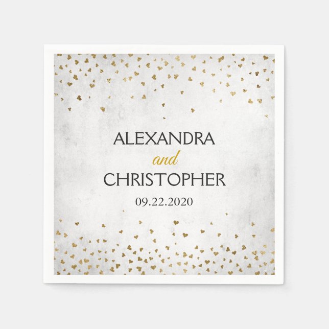 Elegant White and Gold Foil Confetti Wedding Napkins (Front)