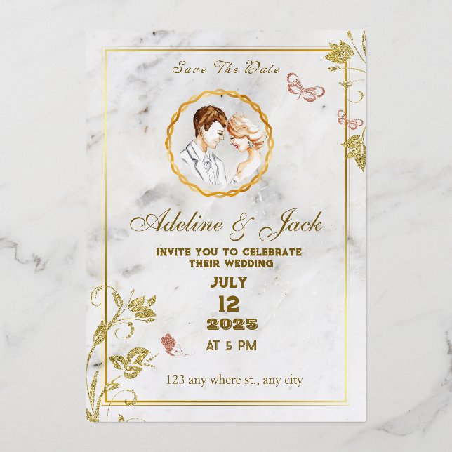 Elegant White and Gold  Foil Invitation (Front)