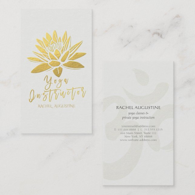 Elegant White and Gold Foil Lotus Yoga Instructor Business Card (Front/Back)