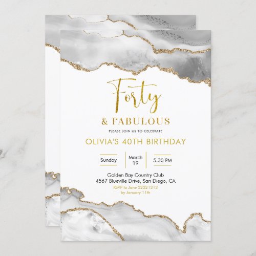 Elegant White and Gold Forty and Fabulous Invitation