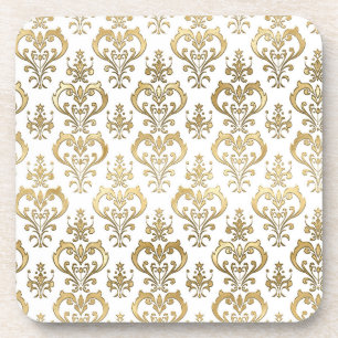 Elegant White and Gold Hearts Valentine's Damask Beverage Coaster