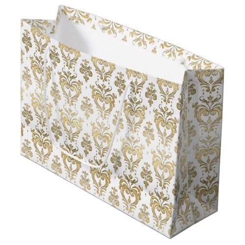 Elegant White and Gold Hearts Valentines Damask Large Gift Bag