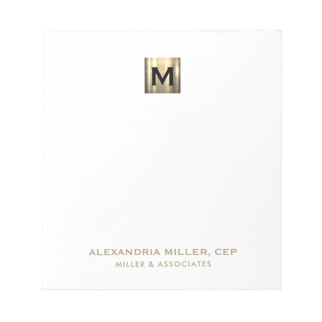 Elegant White and Gold Initial Logo Notepad (Front)