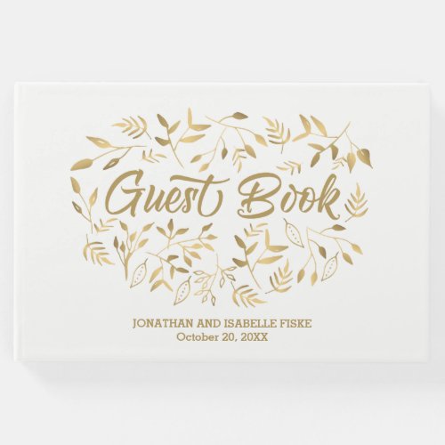 Elegant White and Gold Leaves Boho Glam Wedding Guest Book