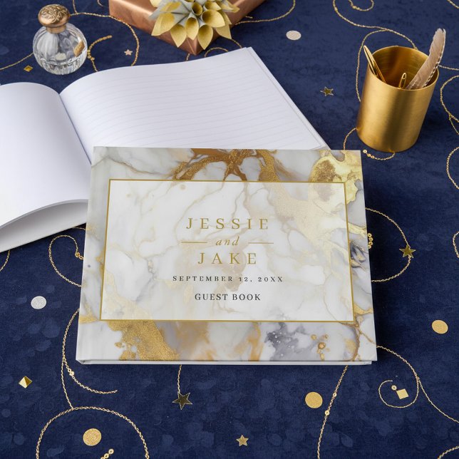 Elegant white and Gold Marble Wedding Guest Book (Elegant white and Gold Marble Wedding Guest Book.)