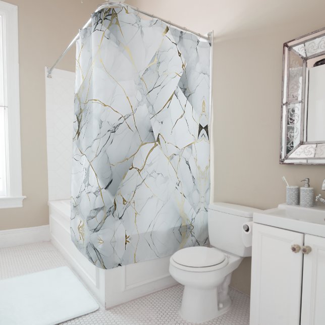 Elegant White and Gold Marbled  Shower Curtain (In Situ)