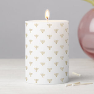 Elegant white and gold menorah pattern Hanukkah Pillar Candle