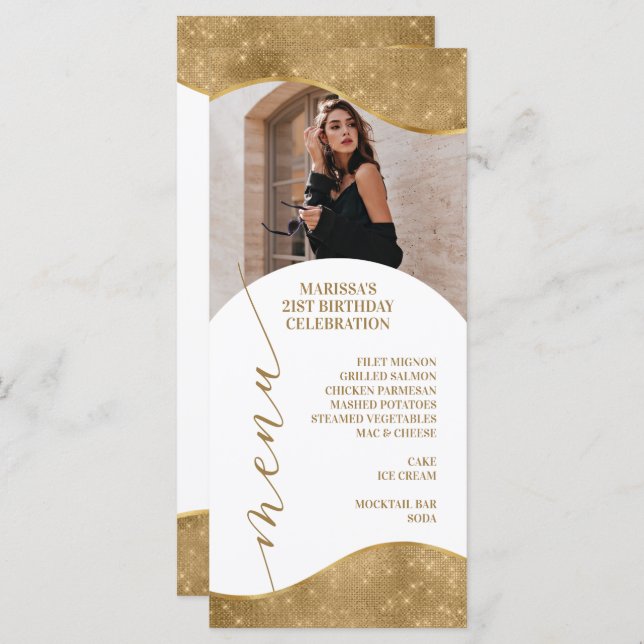 Elegant White and Gold Menu Place Card with Photo (Front/Back)